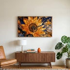 Swirling golden sunflower art on a TV above a walnut credenza with a brass lamp and a monstera plant