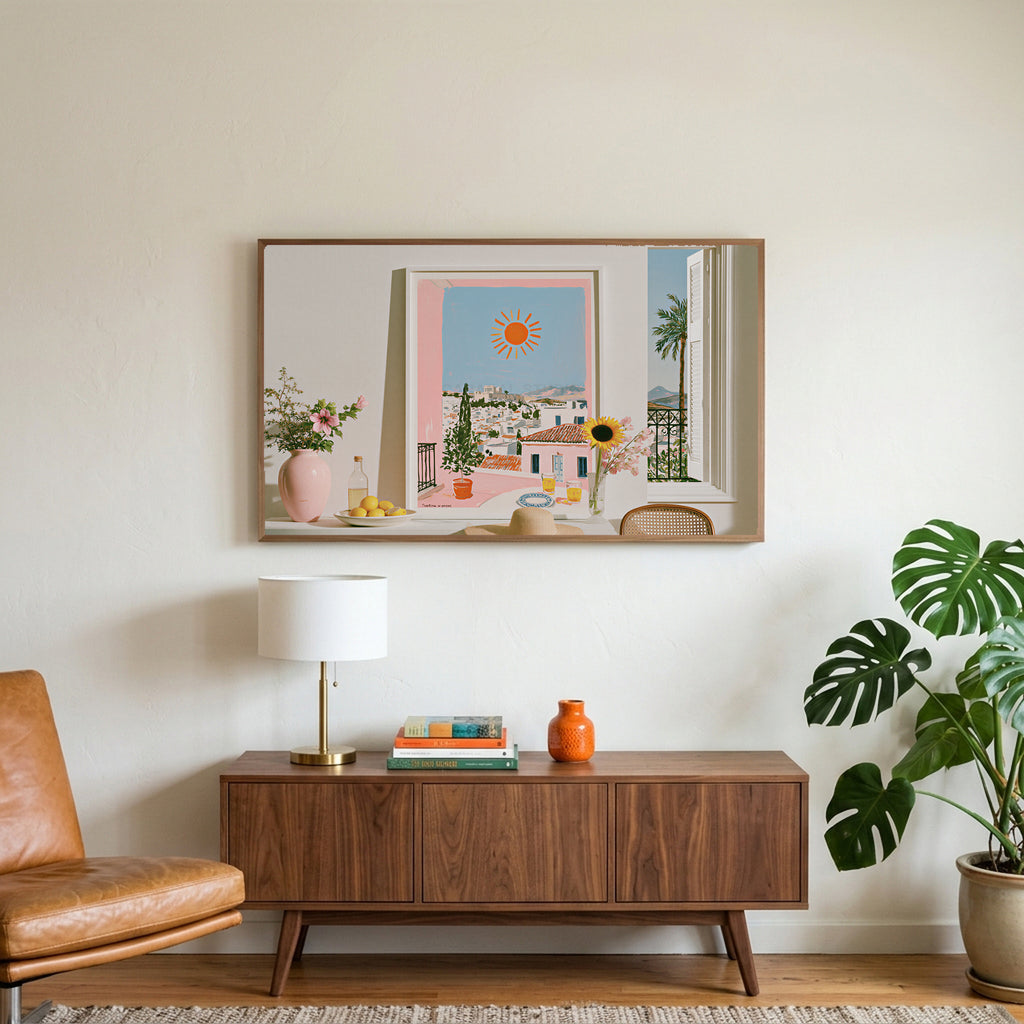 Athens summer still life art on a TV above a walnut credenza with a brass lamp and a monstera plant