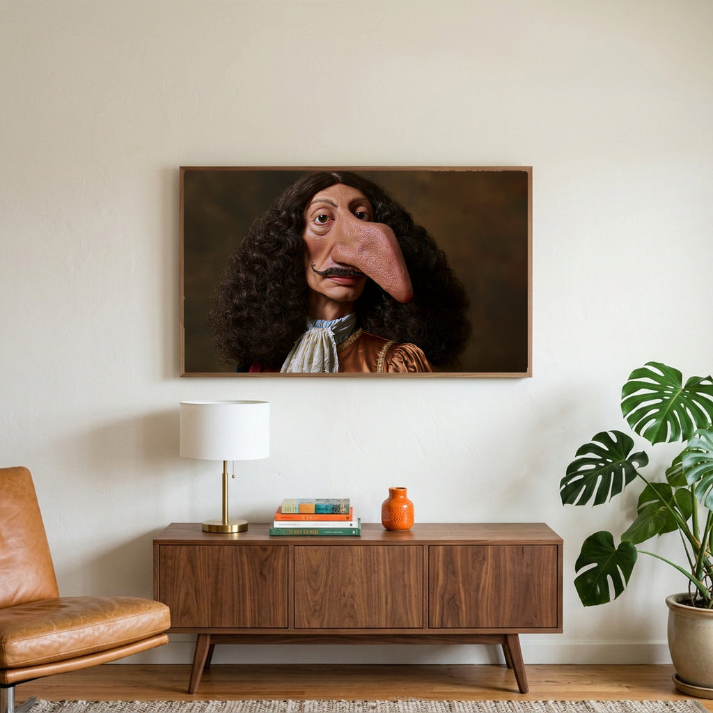 Funny baroque portrait art on a TV above a walnut credenza with a brass lamp and a monstera plant