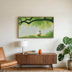 Lake and tree landscape art on a TV above a walnut credenza with a brass lamp and a monstera plant
