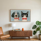 Dog and cat art on a TV above a walnut credenza with a brass lamp and a monstera plant