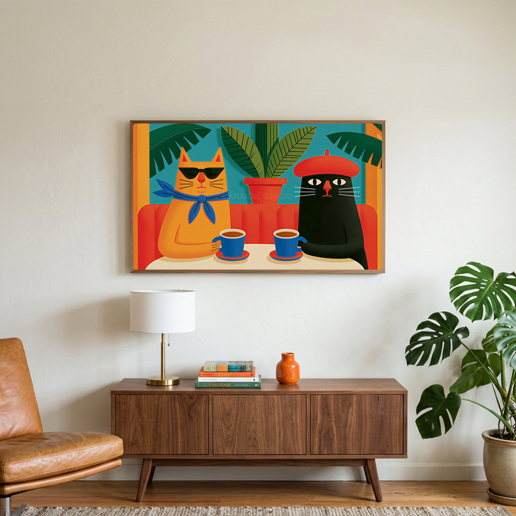 Funny cafe cats art on a TV above a walnut credenza with a brass lamp and a monstera plant