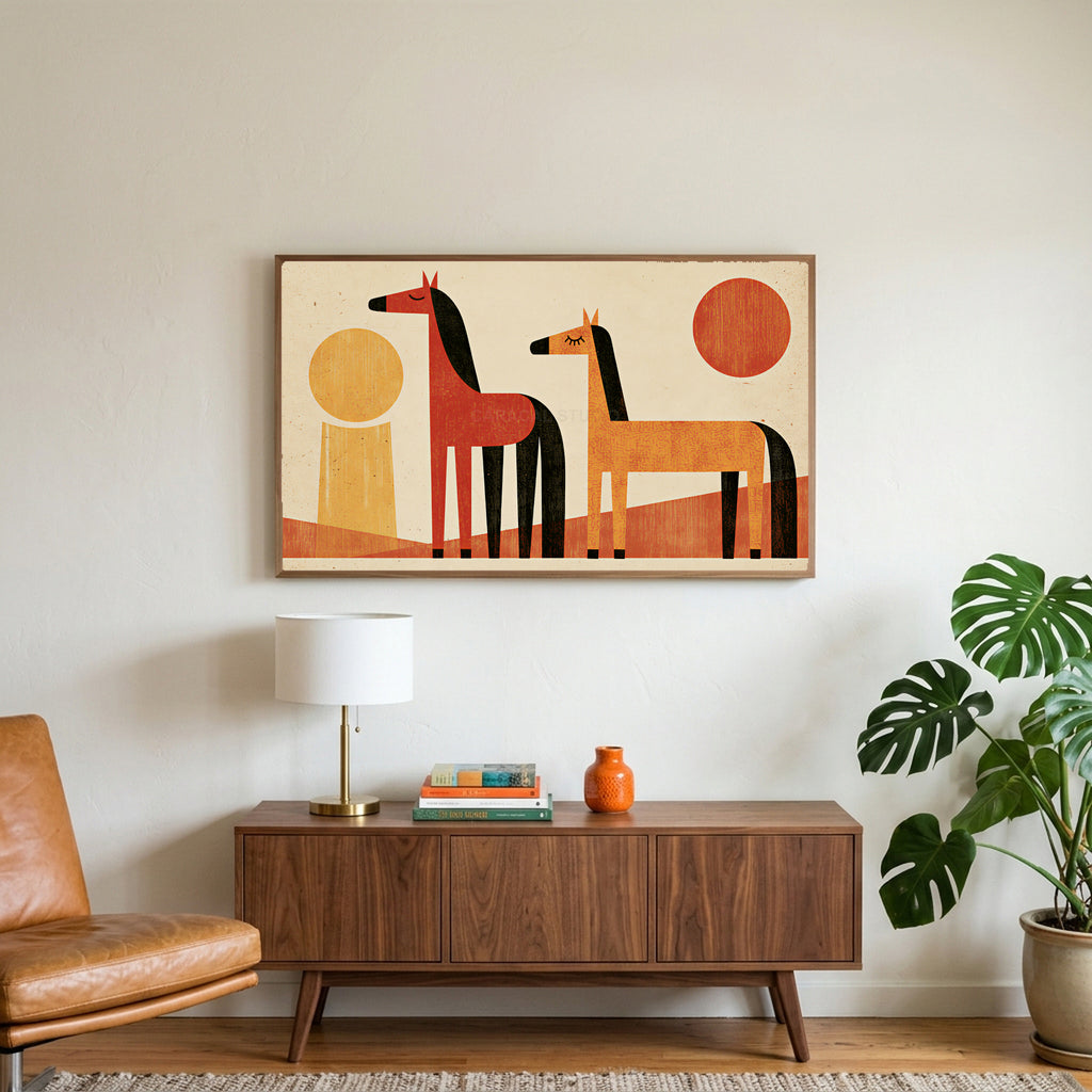 Retro horses art on a TV above a walnut credenza with a brass lamp and a monstera plant