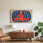 Folk art canoe paddler art on a TV above a walnut credenza with a brass lamp and a monstera plant