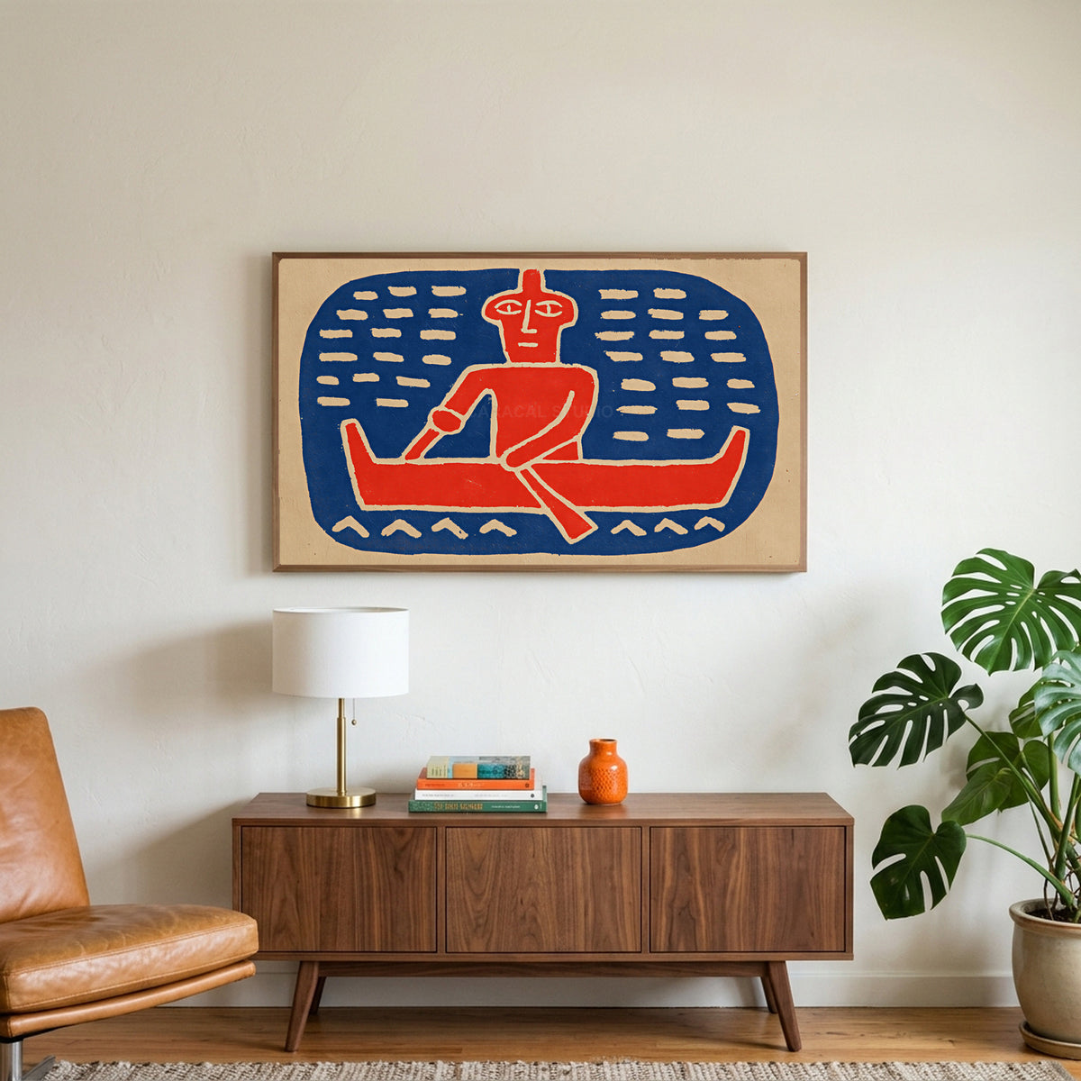 Folk art canoe paddler art on a TV above a walnut credenza with a brass lamp and a monstera plant