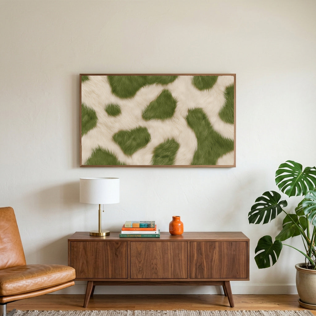 Olive cowhide art on a TV above a walnut credenza with a brass lamp and a monstera plant