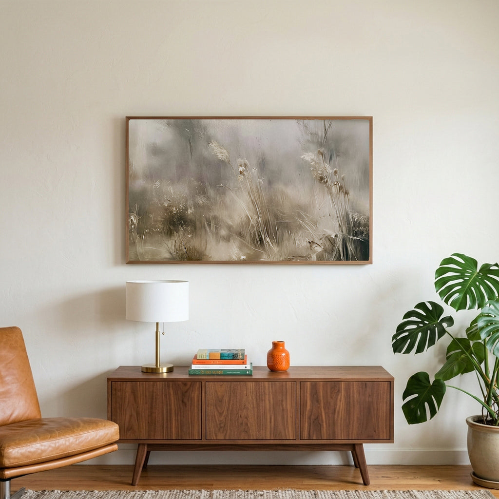 Misty meadow art on a TV above a walnut credenza with a brass lamp and a monstera plant