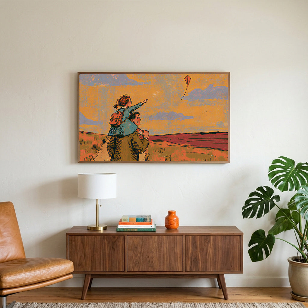 Father and daughter art on a TV above a walnut credenza with a brass lamp and a monstera plant