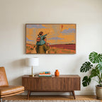 Father and daughter art on a TV above a walnut credenza with a brass lamp and a monstera plant