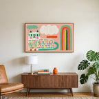 Rainbow cat art on a TV above a walnut credenza with a brass lamp and a monstera plant