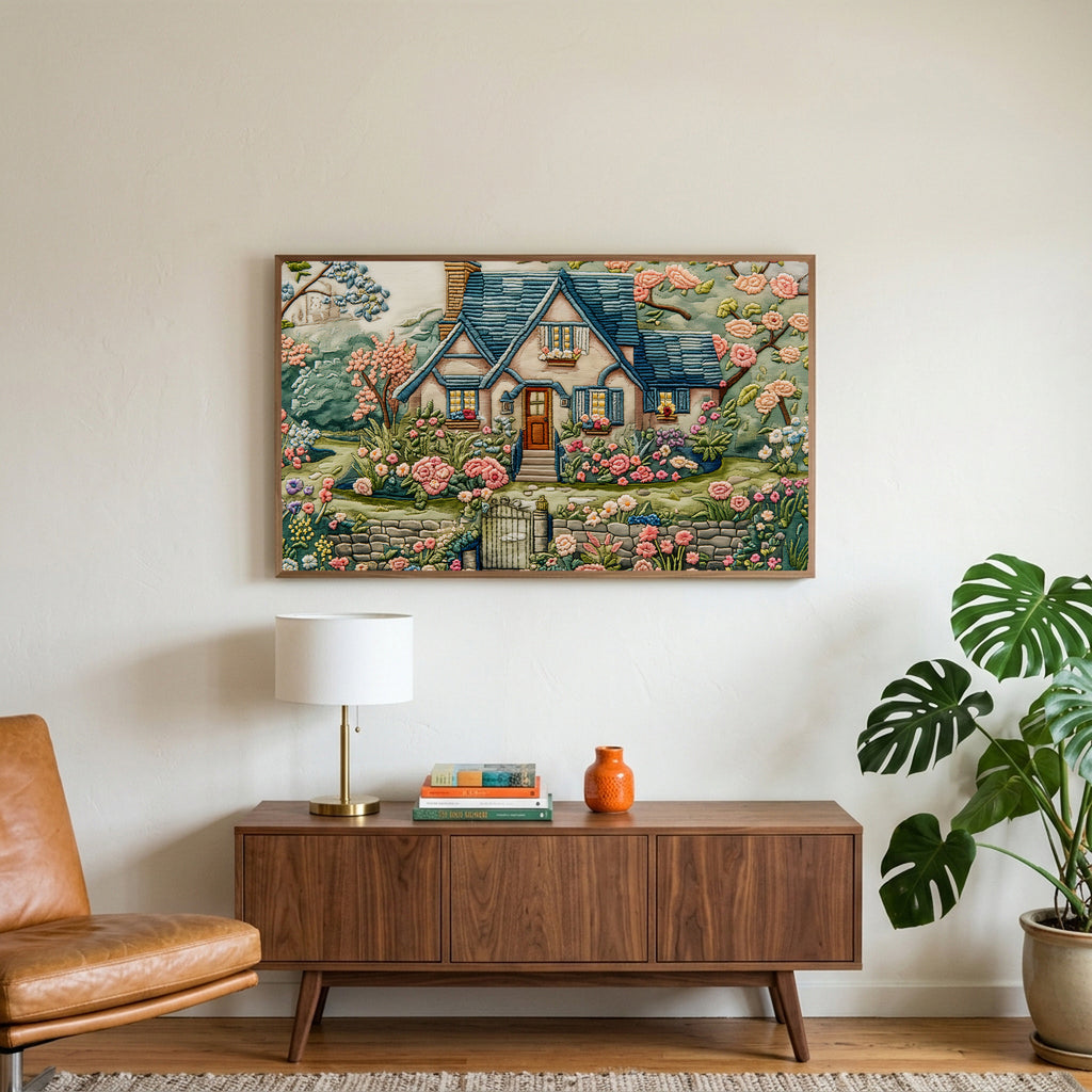 Embroidery style cottage art on a TV above a walnut credenza with a brass lamp and a monstera plant