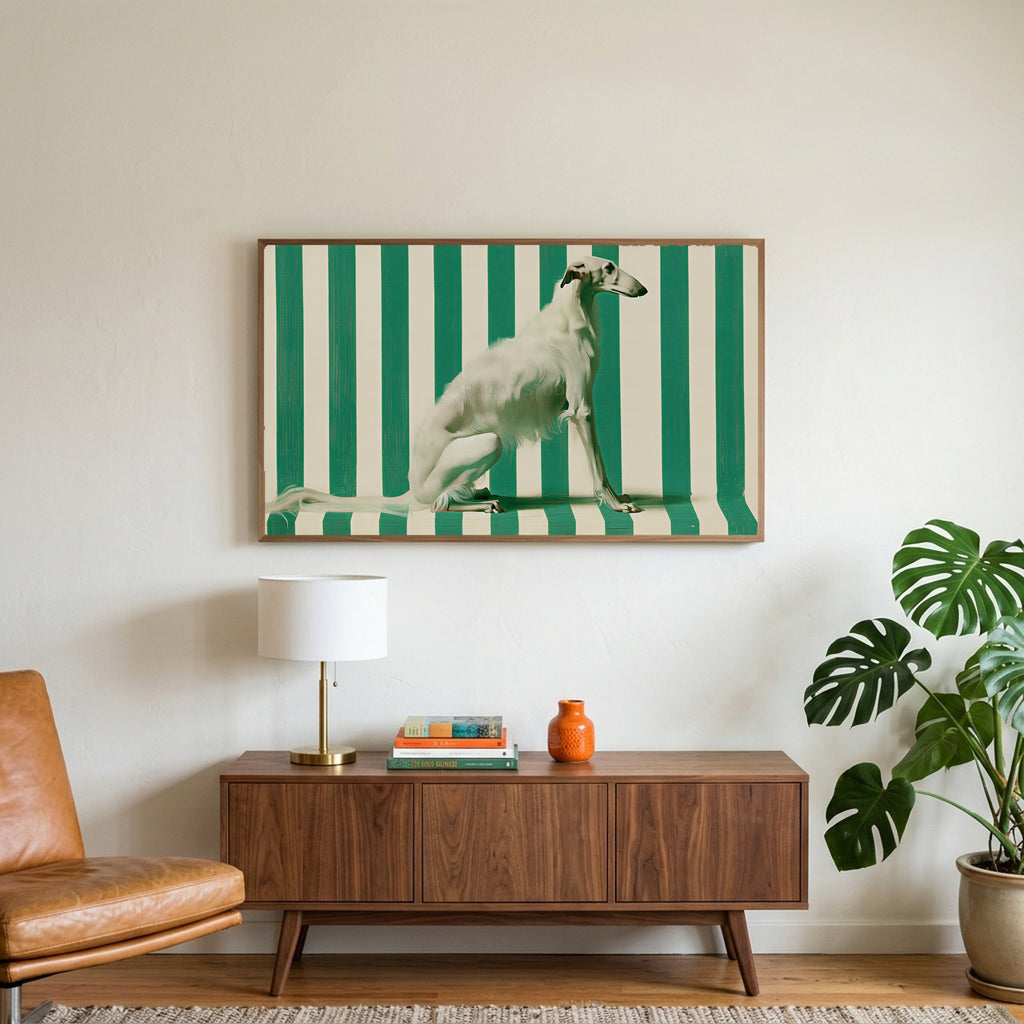 Borzoi art on a TV above a walnut credenza with a brass lamp and a monstera plant