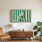 Borzoi art on a TV above a walnut credenza with a brass lamp and a monstera plant