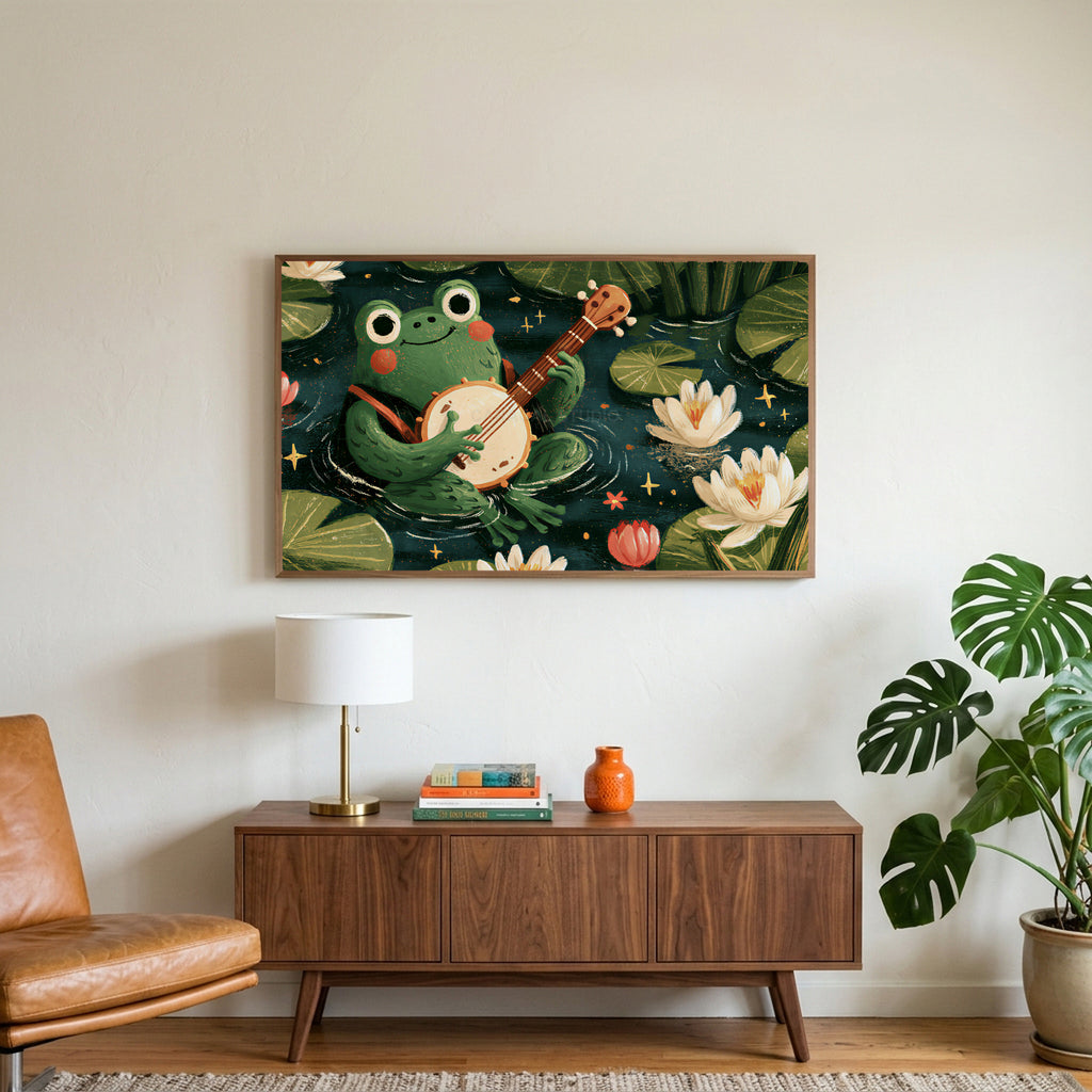 Frog playing a banjo art on a TV above a walnut credenza with a brass lamp and a monstera plant