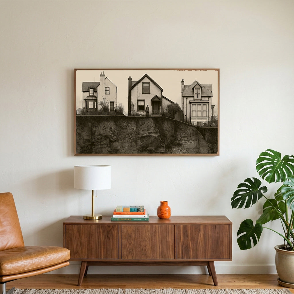 Three houses art on a TV above a walnut credenza with a brass lamp and a monstera plant