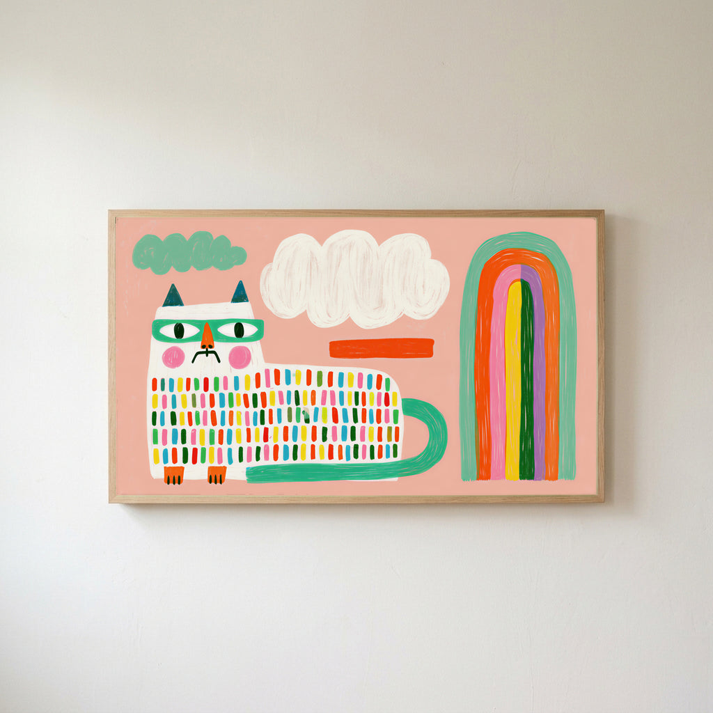 Colorful Rainbow Cat with Glasses & Cloud as cat Frame TV art in an oak frame on a warm white wall