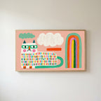 Colorful Rainbow Cat with Glasses & Cloud as cat Frame TV art in an oak frame on a warm white wall