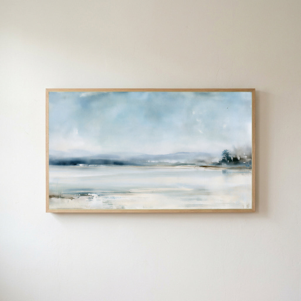 Neutral Minimalist Snowy Landscape as landscape Frame TV art in an oak frame on a warm white wall