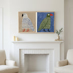 Folk Art Polka Dot Pair, Mid Century as folk art Frame TV art above a white fireplace with candles and eucalyptus on the mantel