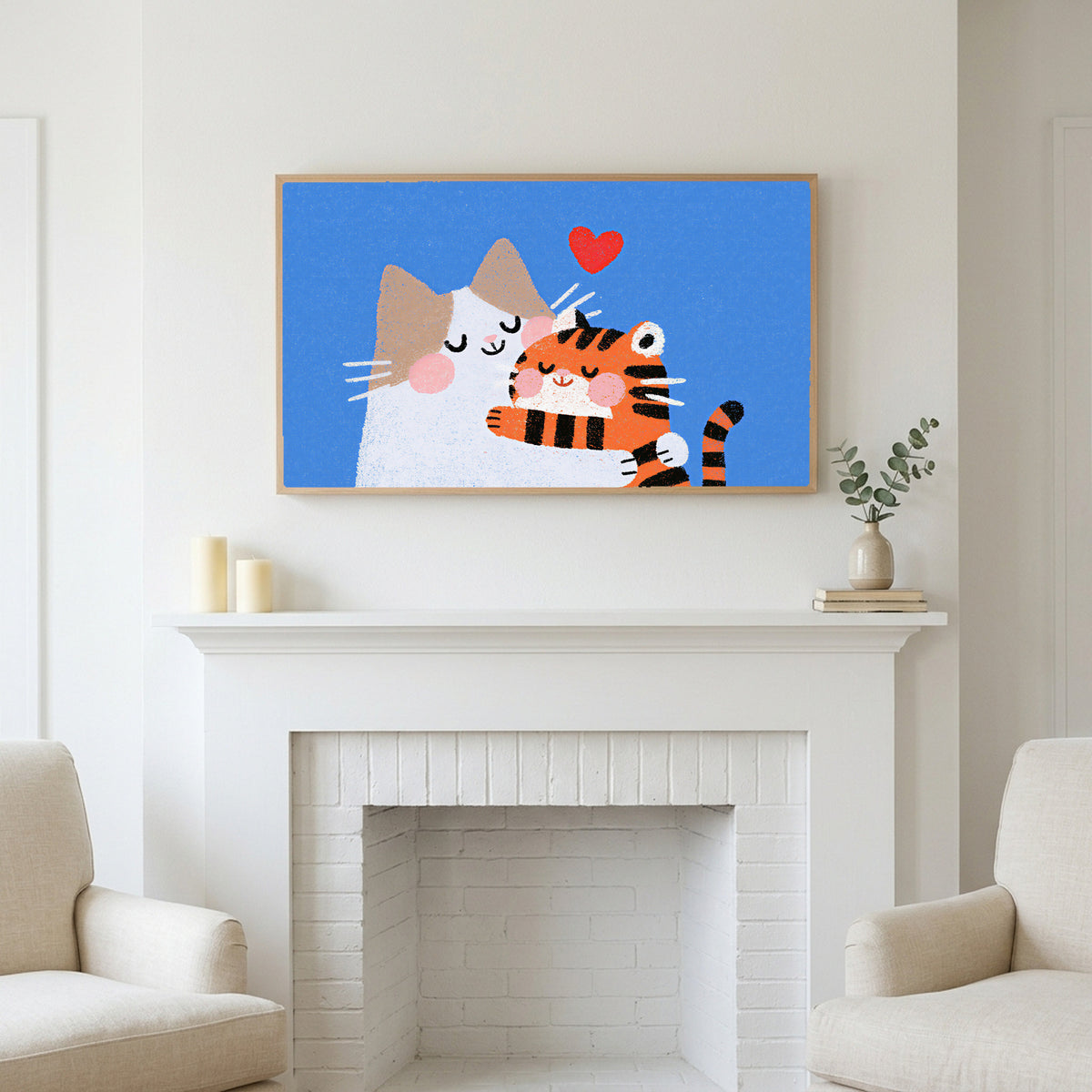 Two Cats & Love Heart as cute Frame TV art above a white fireplace with candles and eucalyptus on the mantel
