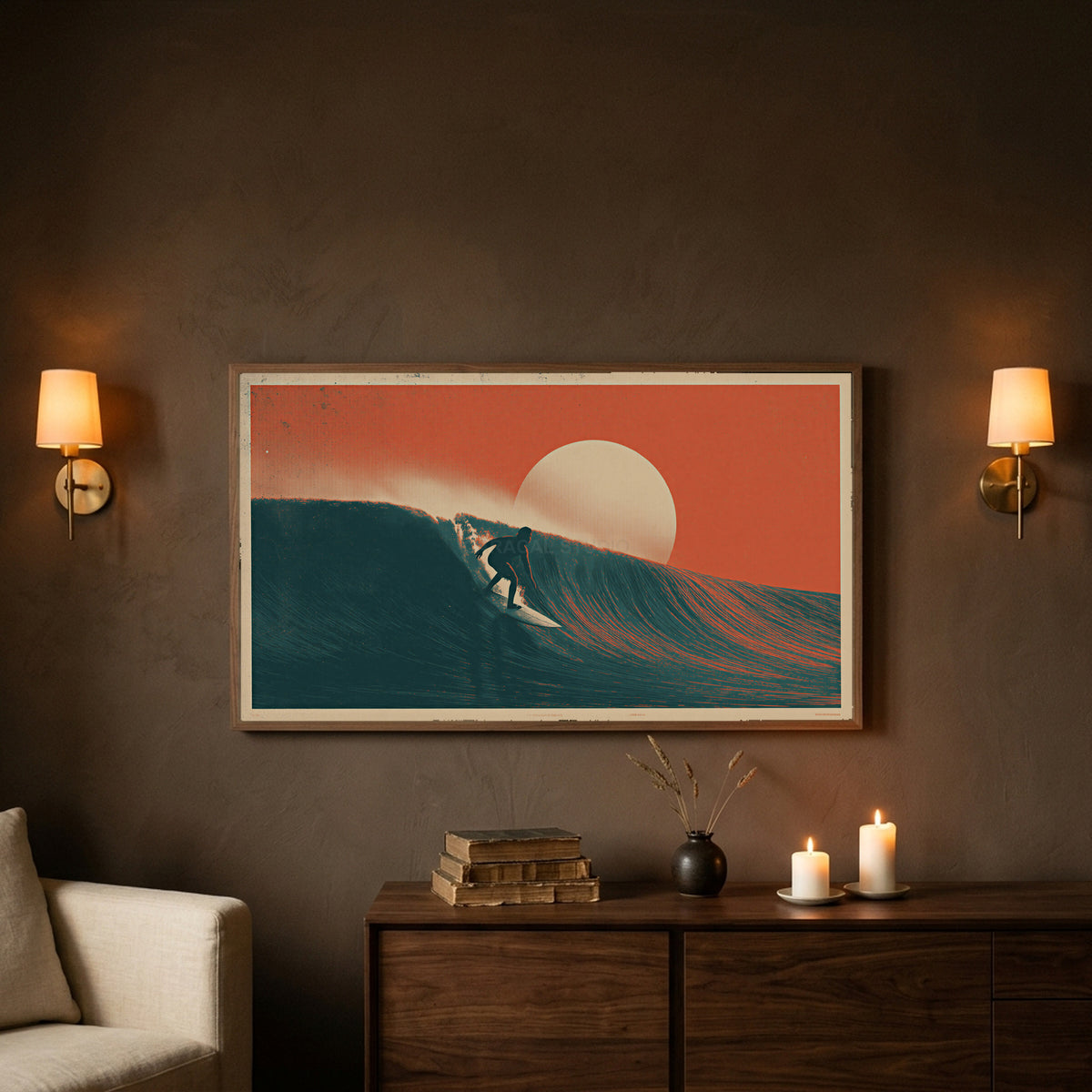 Frame TV art on a dark brown wall between brass sconces with candles below