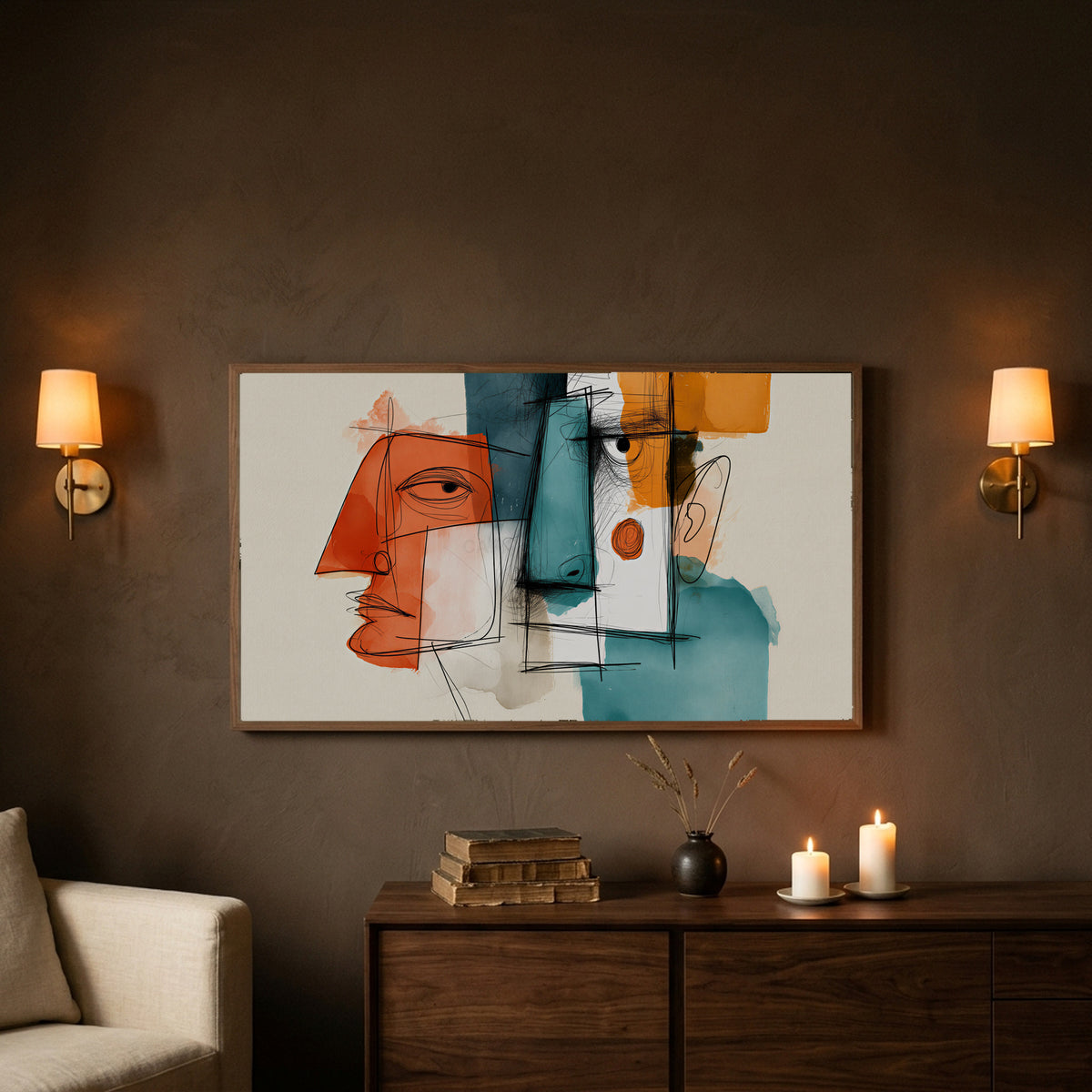 Frame TV art on a dark brown wall between brass sconces with candles below