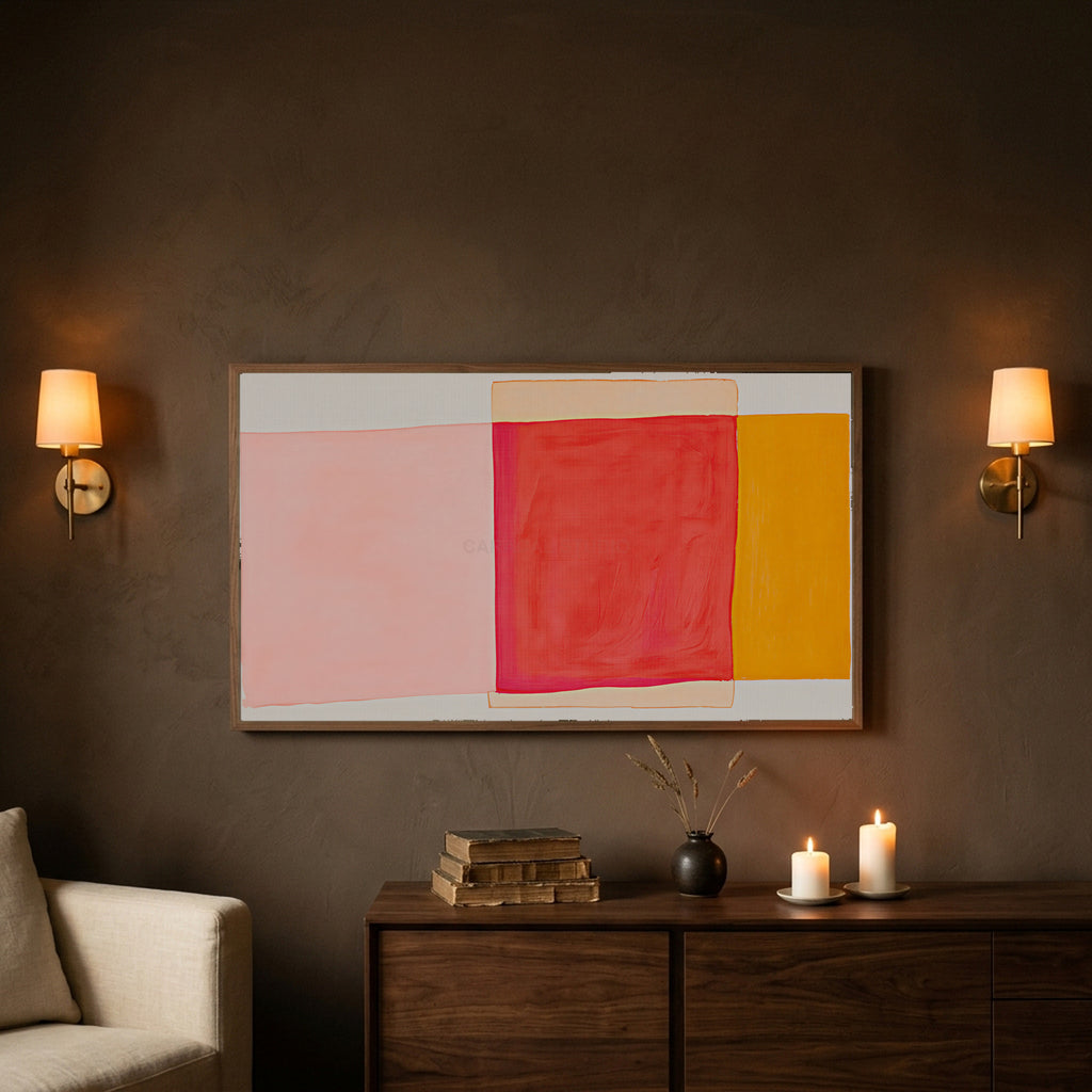 Frame TV art on a dark brown wall between brass sconces with candles below