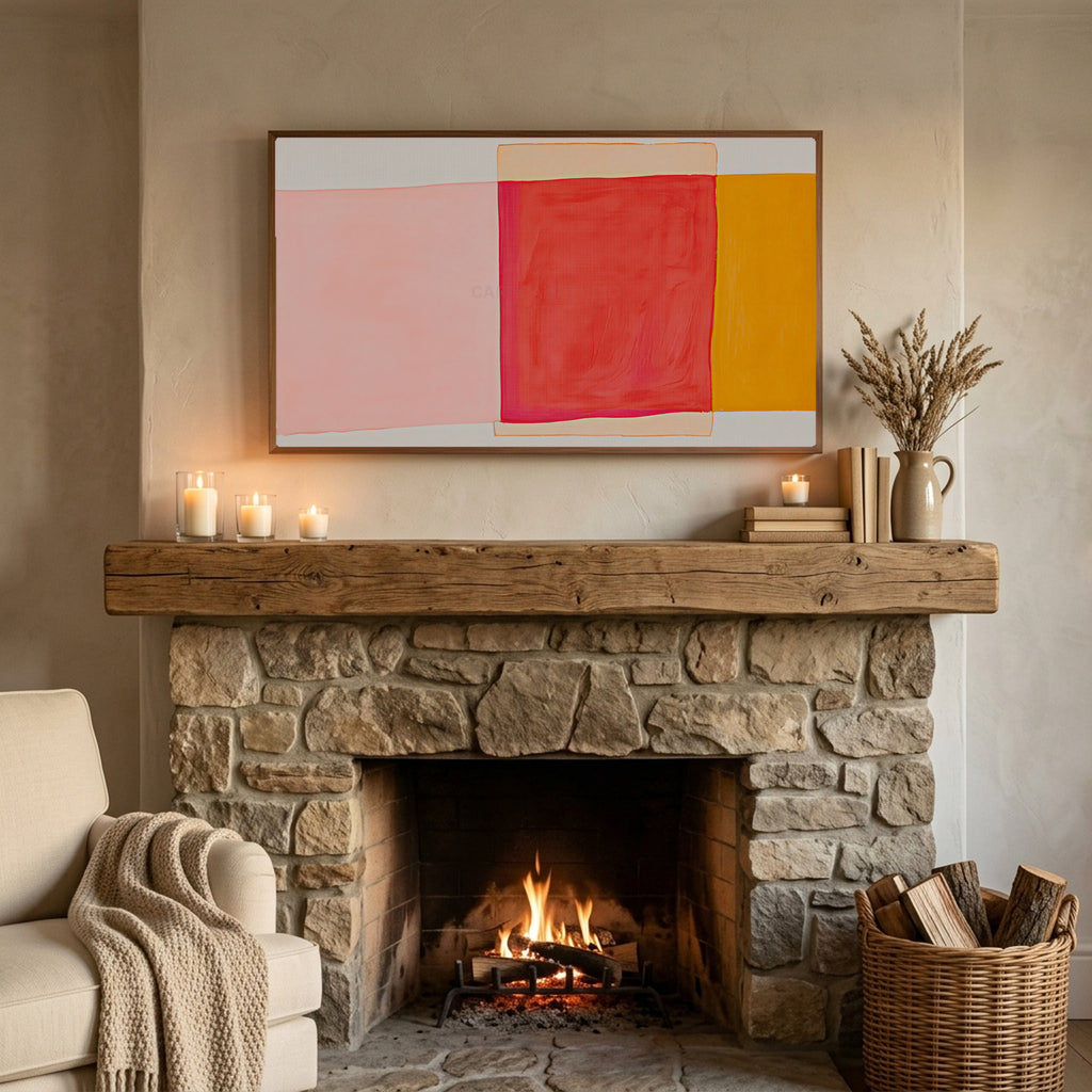 Abstract color blocks art on a TV above a stone fireplace with candles on a reclaimed wood beam