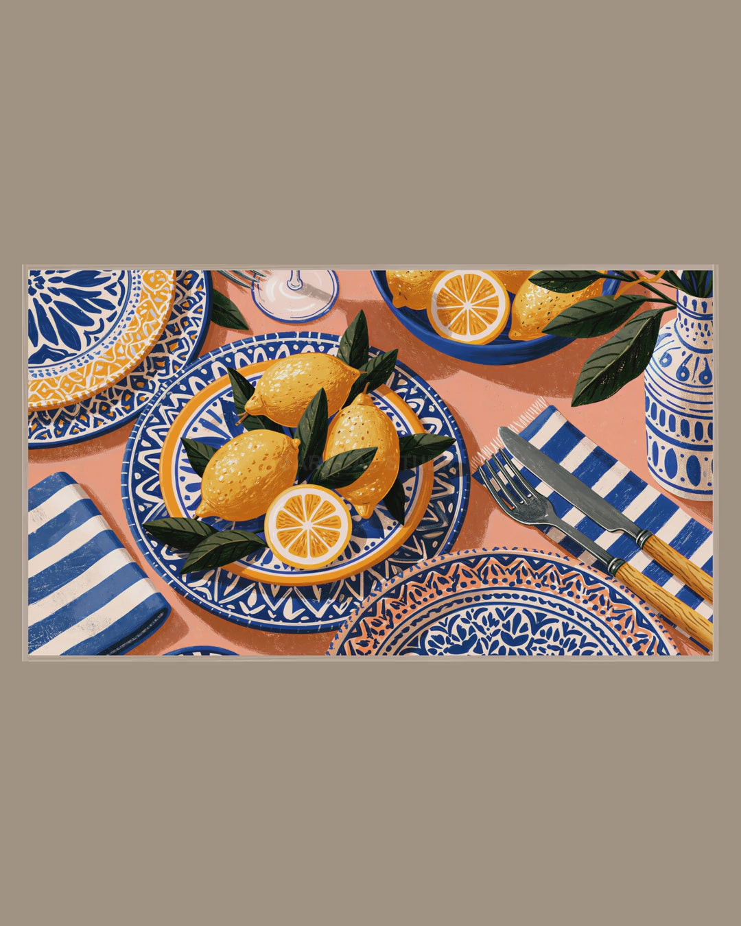 Video of the Lemons on Blue Plates Frame TV art in a room
