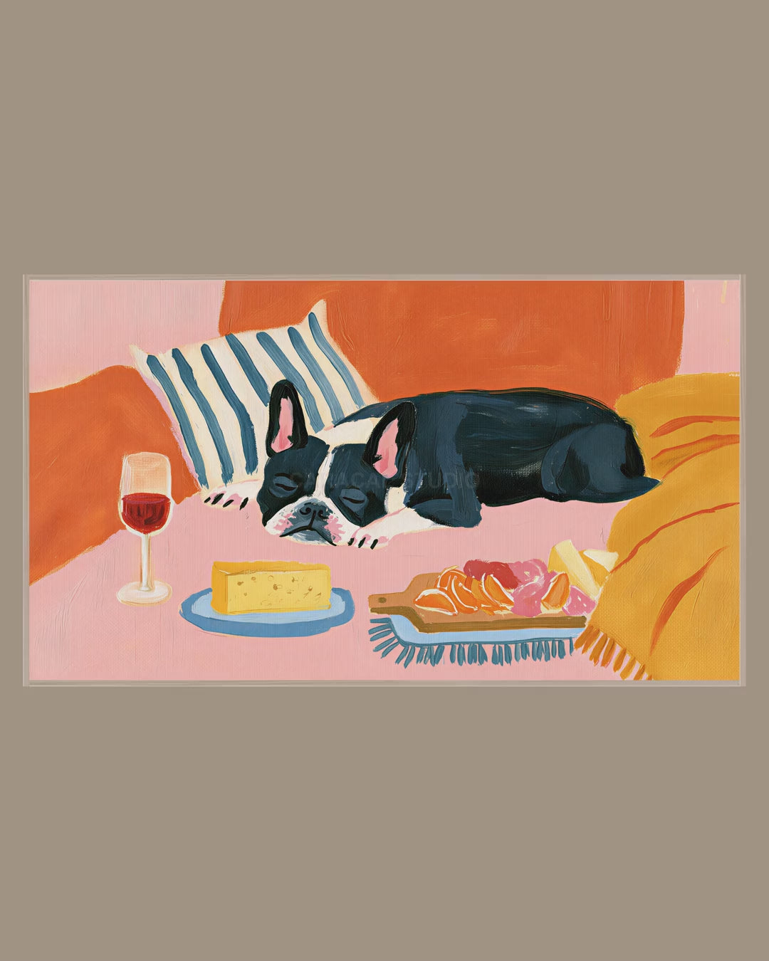 Video of the Bulldog Wine and Cheese Frame TV art in a room