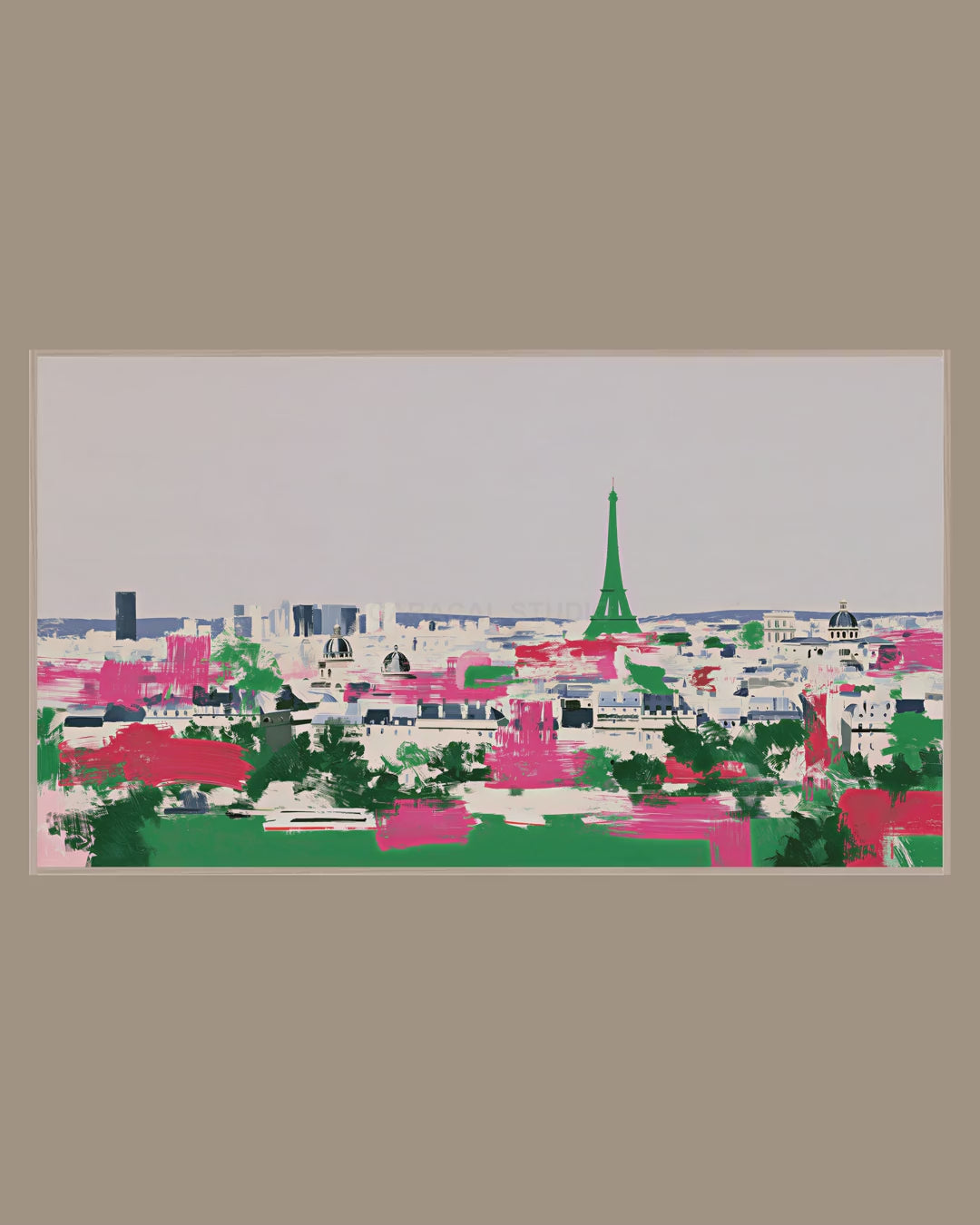 Video of the Pink Paris Skyline Frame TV art in a room