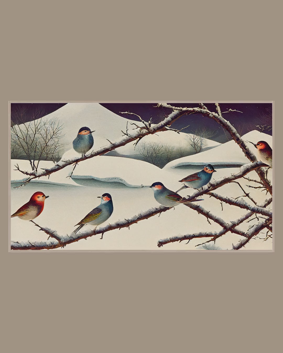 Video of the Songbirds on Snowy Thorns Frame TV art in a room