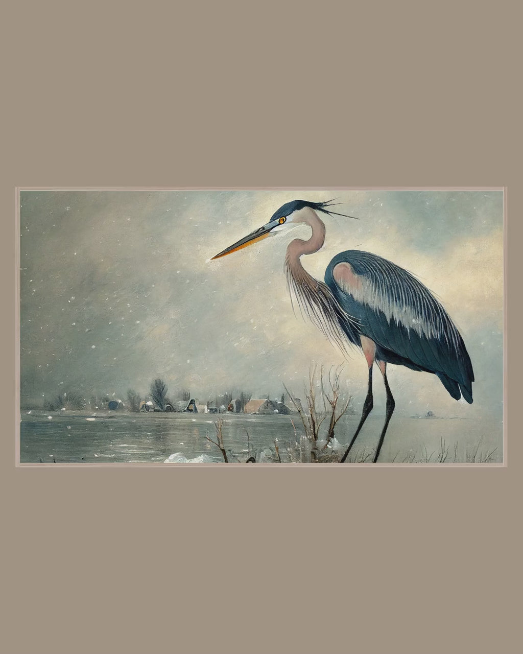 Video of the Snowy Lake Heron Frame TV art in a room