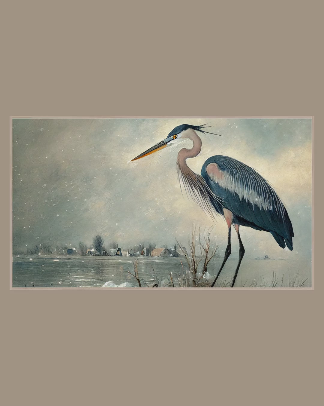 Video of the Snowy Lake Heron Frame TV art in a room