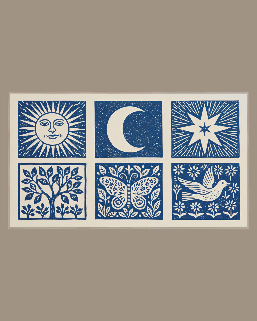 Video of the Linocut Sun and Moon Frame TV art in a room