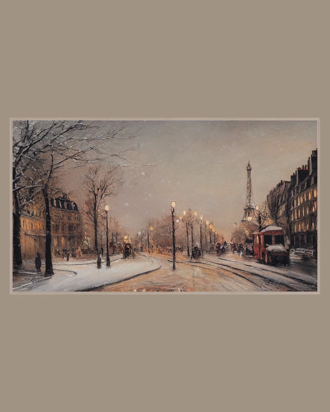 Video of the Paris Carriage Snowfall Frame TV art in a room