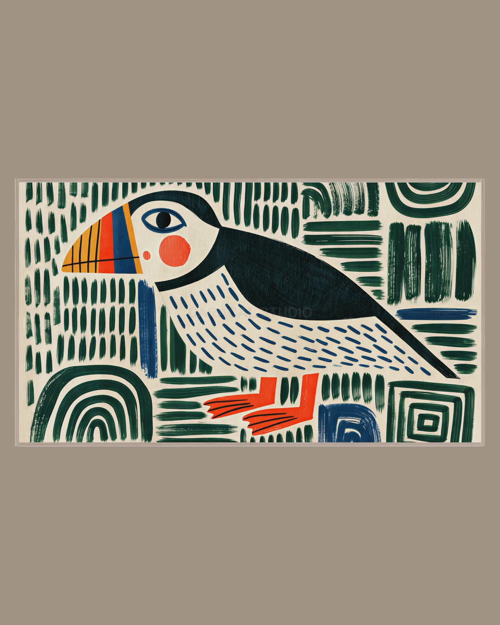 Video of the Block Print Puffin Frame TV art in a room