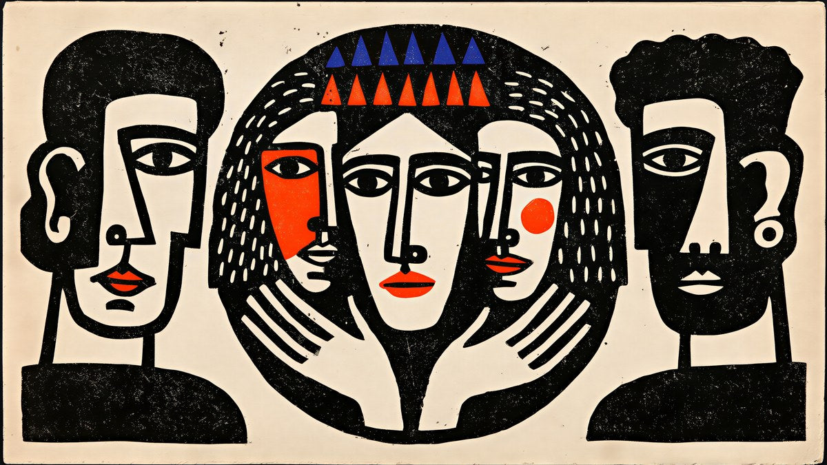 Crowned Linocut Faces artwork