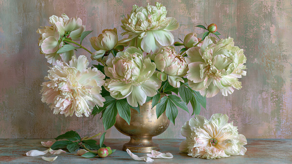 Brass Urn Peonies artwork