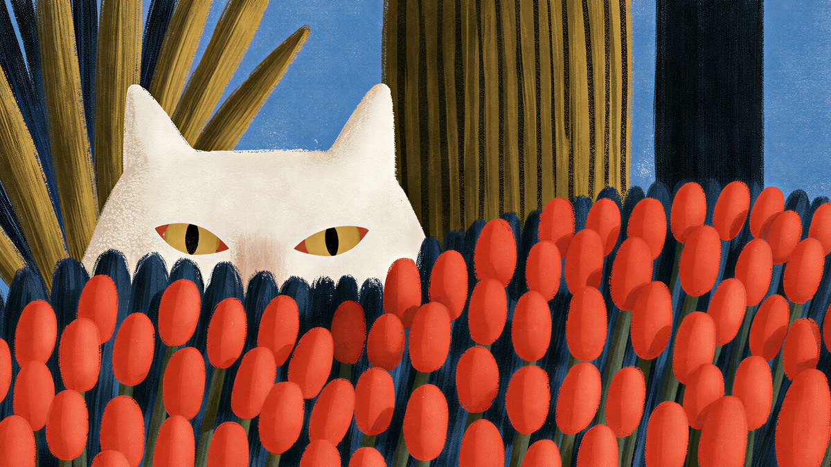 White Cat in Tulips artwork