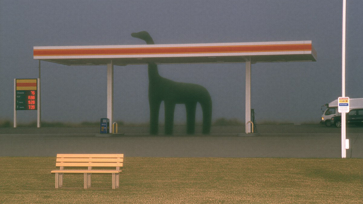 Foggy Gas Station Dinosaur artwork
