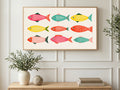 Nine Folk Fish art on a TV in a living room
