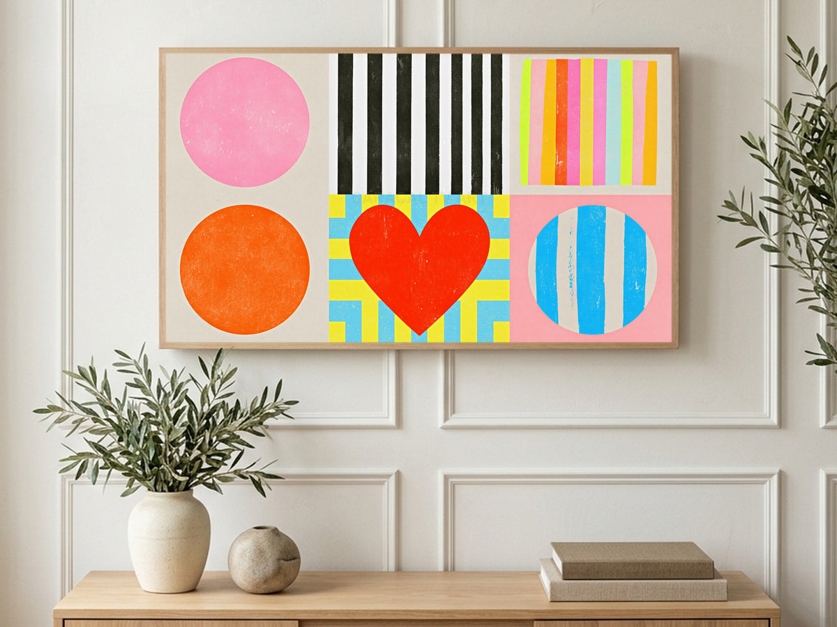 Risograph Shape Grid art on a TV in a living room