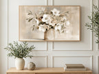 Hellebores in Stoneware Jar art on a TV in a living room