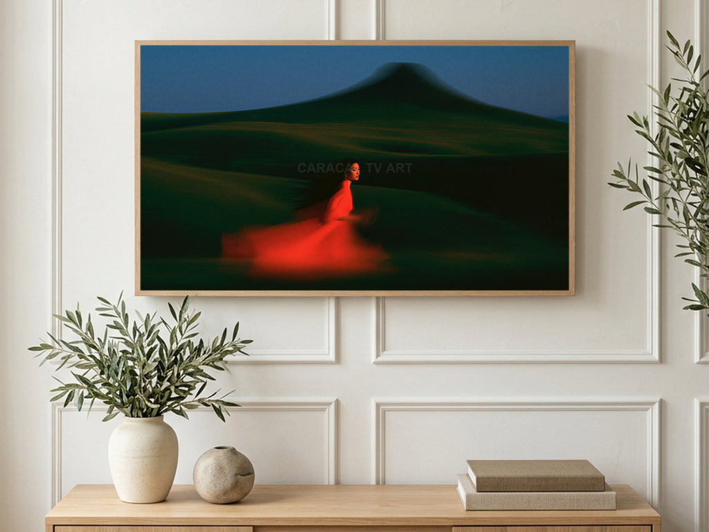 Running Red Dress art on a TV in a living room