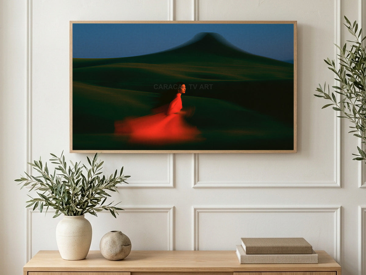 Running Red Dress art on a TV in a living room