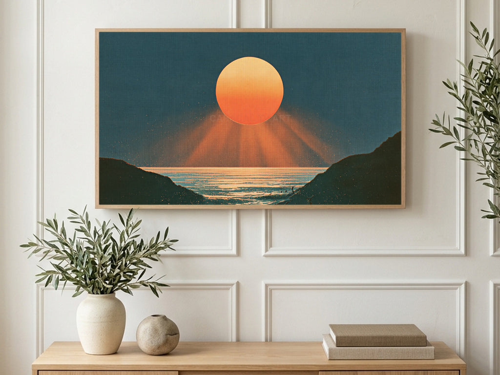 Sunset Sea Cove art on a TV in a living room