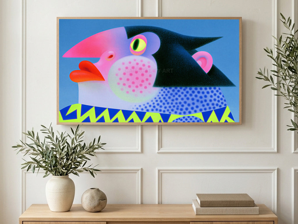 Pop Art Penguin art on a TV in a living room