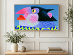 Pop Art Penguin art on a TV in a living room