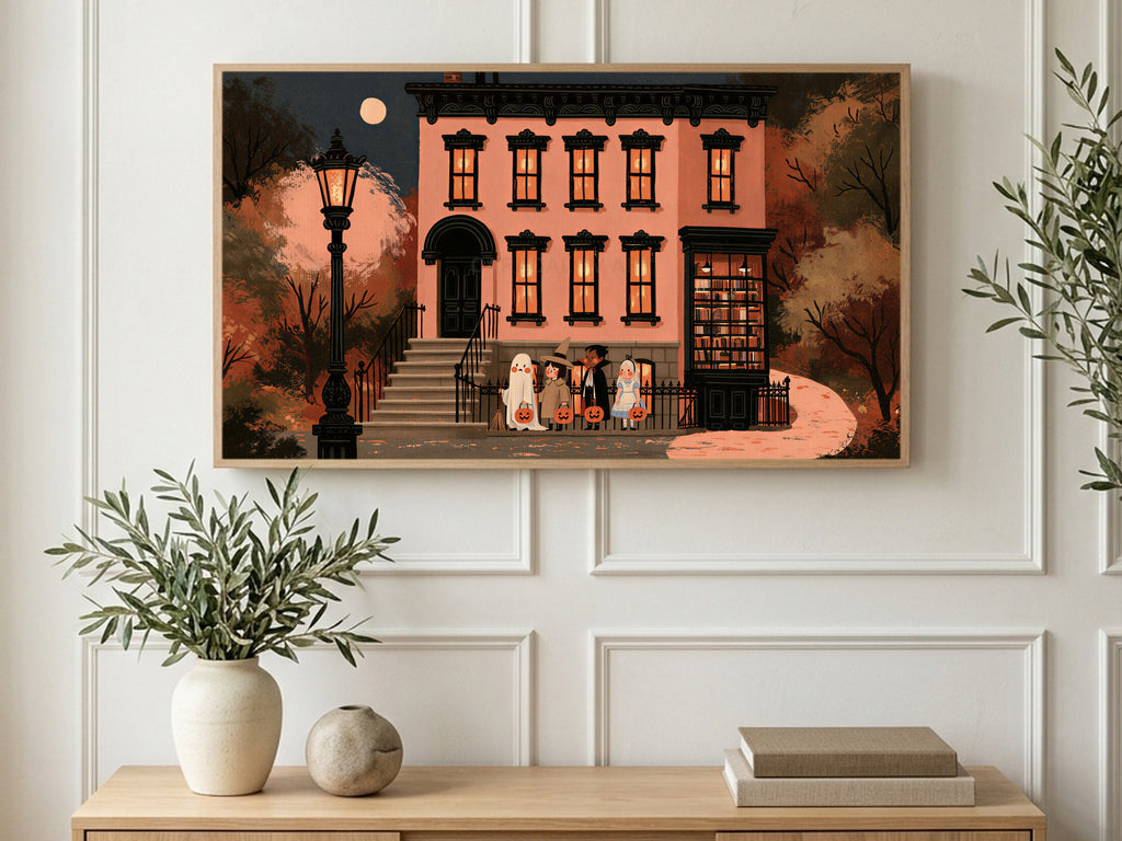 Brownstone Trick or Treat art on a TV in a living room